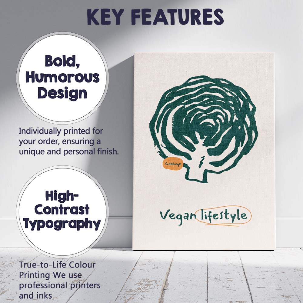 Minimalist Cabbage Vegan Lifestyle Line Art Illustration Canvas Wall Art Print Decor Picture Ready to Hang