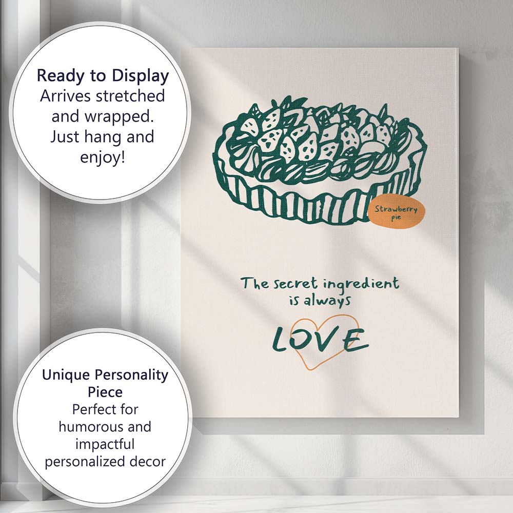 Minimalist Strawberry Pie Baking Quote Line Art Illustration Canvas Wall Art Print Decor Picture Ready to Hang