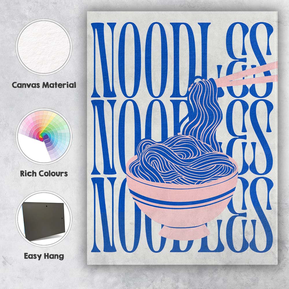 Modern Blue Noodle Bowl Typography Food Illustration Canvas Wall Art Print Decor Picture Ready to Hang