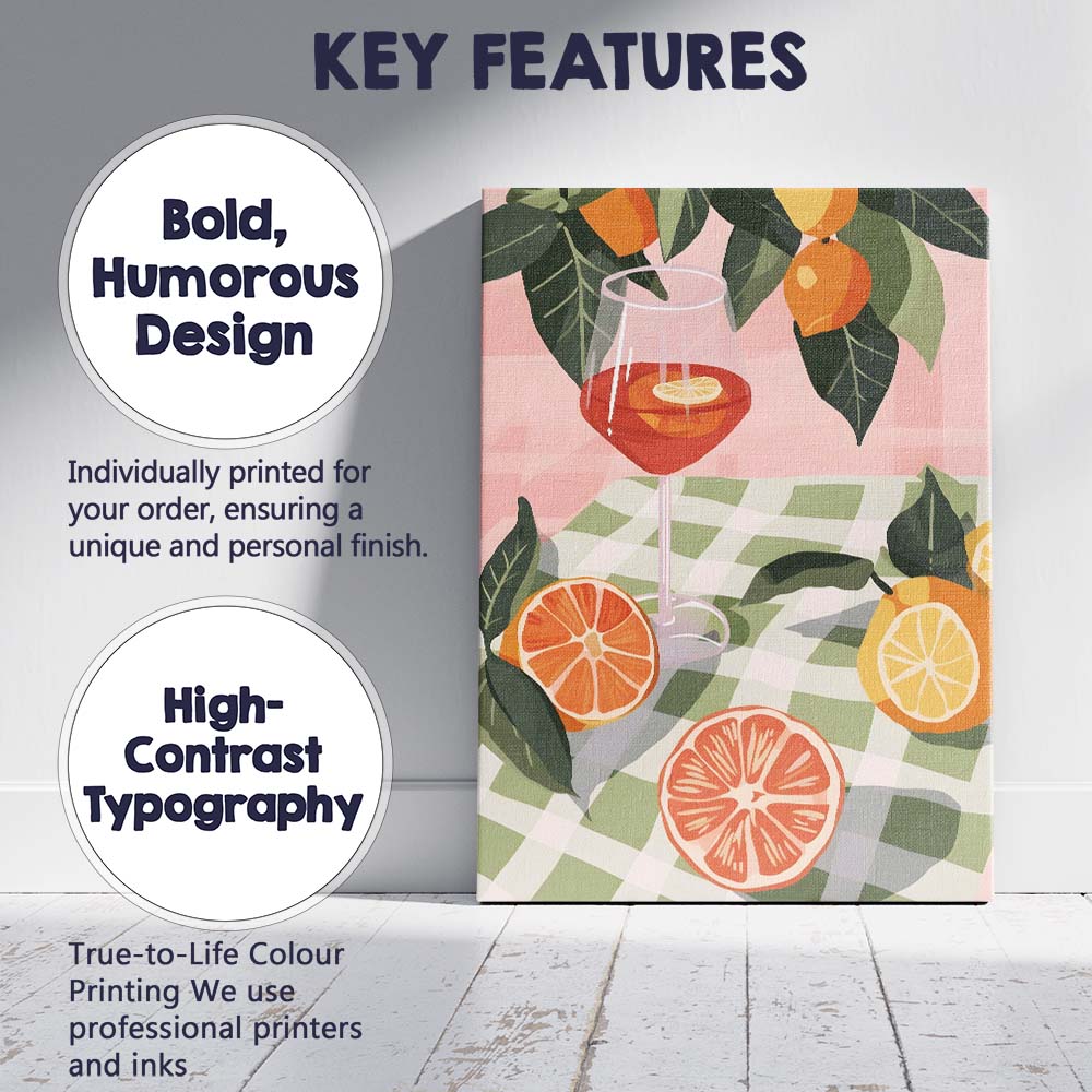 Modern Citrus Picnic Wine Glass Fruit Illustration Canvas Wall Art Print Decor Picture Ready to Hang