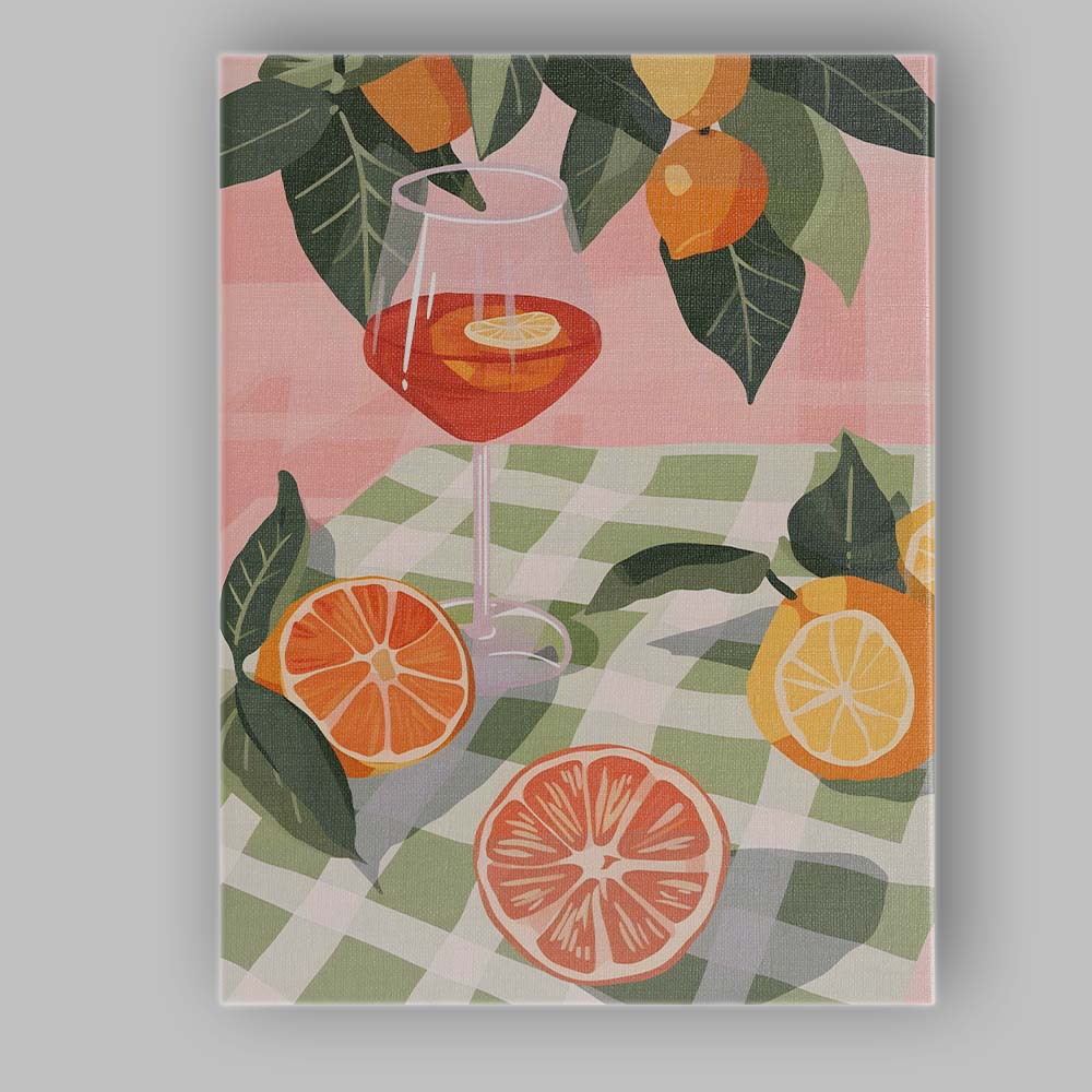 Modern Citrus Picnic Wine Glass Fruit Illustration Canvas Wall Art Print Decor Picture Ready to Hang