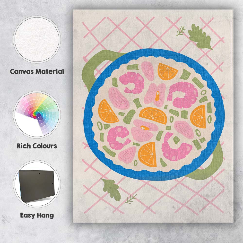 Colourful Seafood Paella Pan Mediterranean Food Illustration Canvas Wall Art Print Decor Picture Ready to Hang