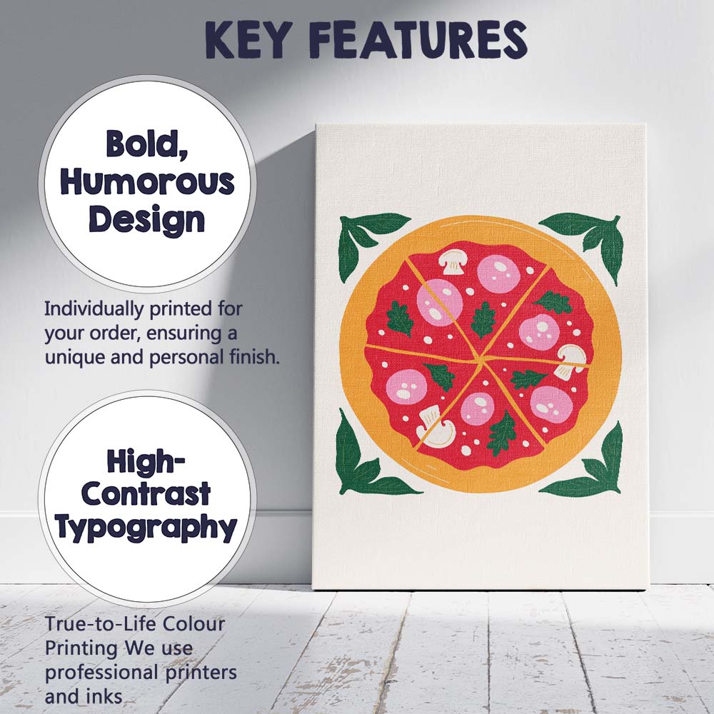 Italian Pepperoni Mushroom Pizza Flat Food Illustration Canvas Wall Art Print Decor Picture Ready to Hang