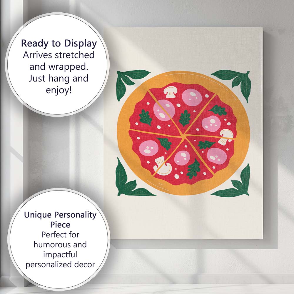 Italian Pepperoni Mushroom Pizza Flat Food Illustration Canvas Wall Art Print Decor Picture Ready to Hang