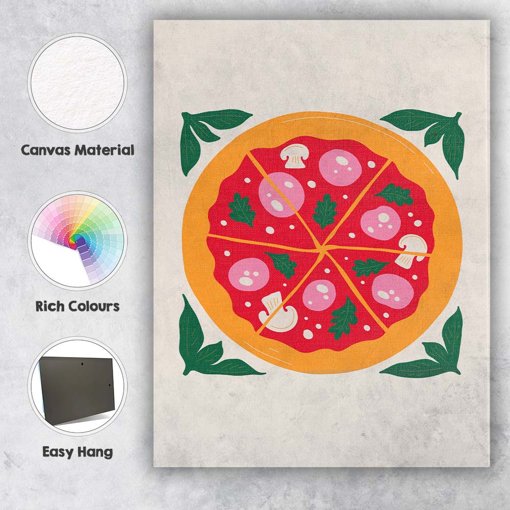 Italian Pepperoni Mushroom Pizza Flat Food Illustration Canvas Wall Art Print Decor Picture Ready to Hang