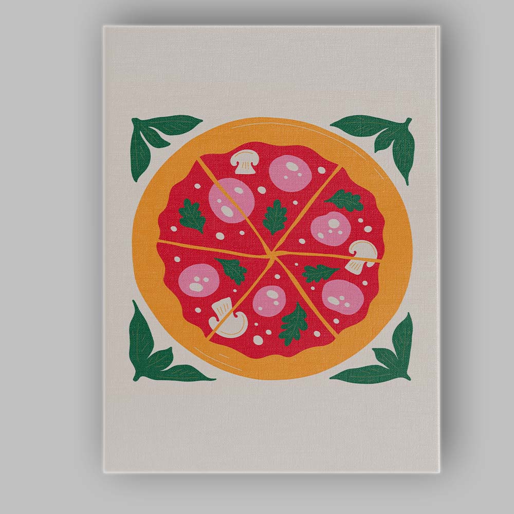 Italian Pepperoni Mushroom Pizza Flat Food Illustration Canvas Wall Art Print Decor Picture Ready to Hang