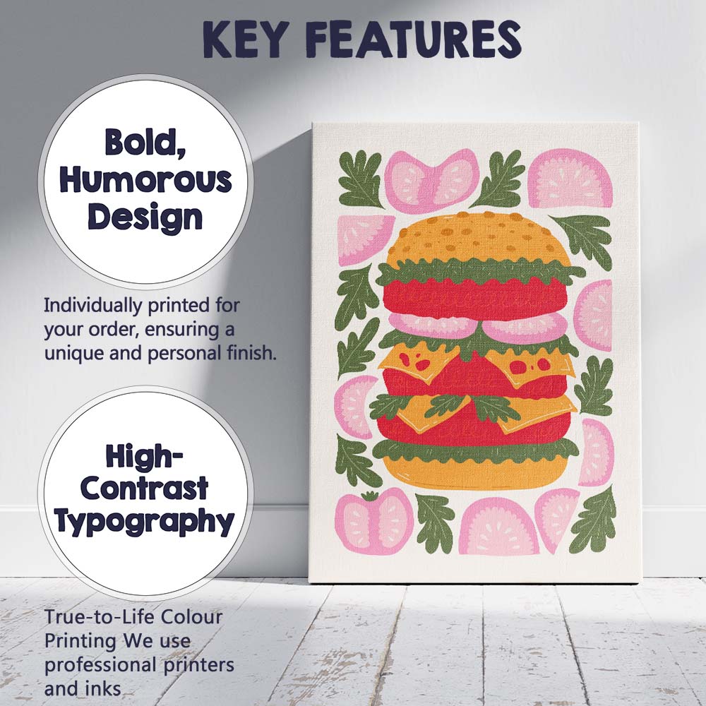 Gourmet Cheeseburger Fresh Tomato Lettuce Illustration Canvas Wall Art Print Decor Picture Ready to Hang