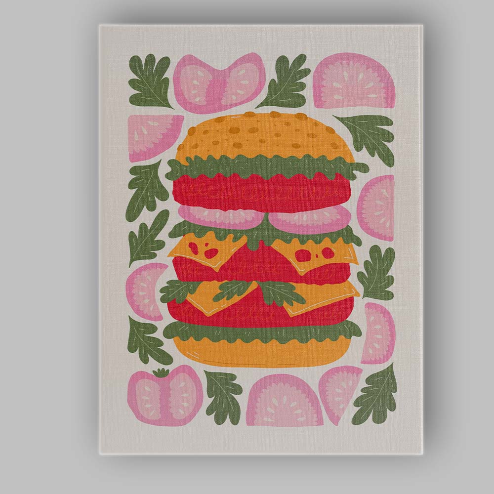 Gourmet Cheeseburger Fresh Tomato Lettuce Illustration Canvas Wall Art Print Decor Picture Ready to Hang