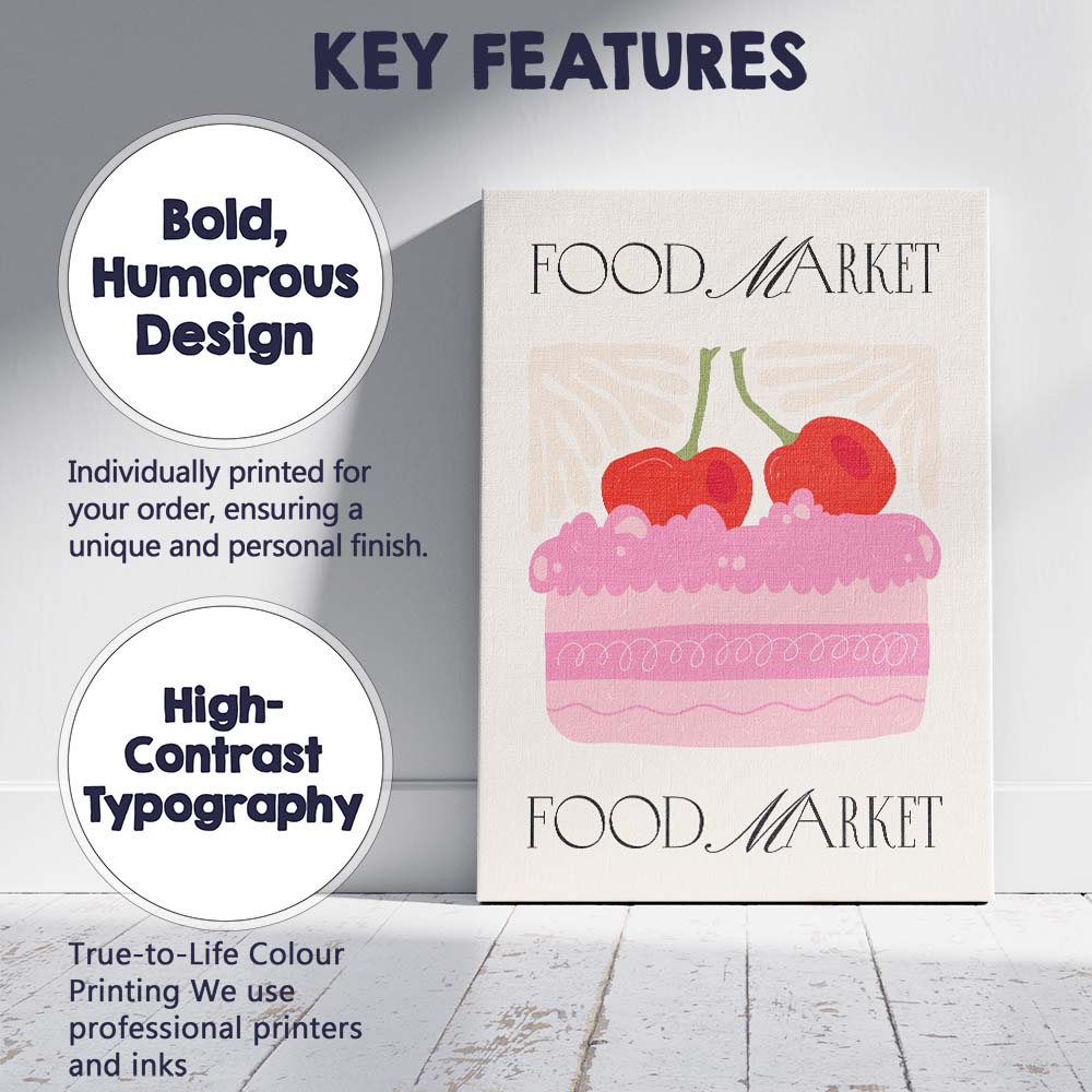 Food Market Cherry Cake Dessert Bakery Illustration Canvas Wall Art Print Decor Picture Ready to Hang