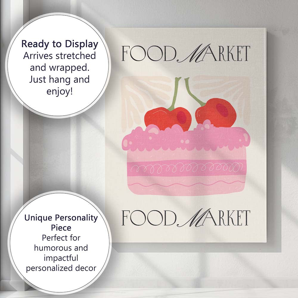 Food Market Cherry Cake Dessert Bakery Illustration Canvas Wall Art Print Decor Picture Ready to Hang