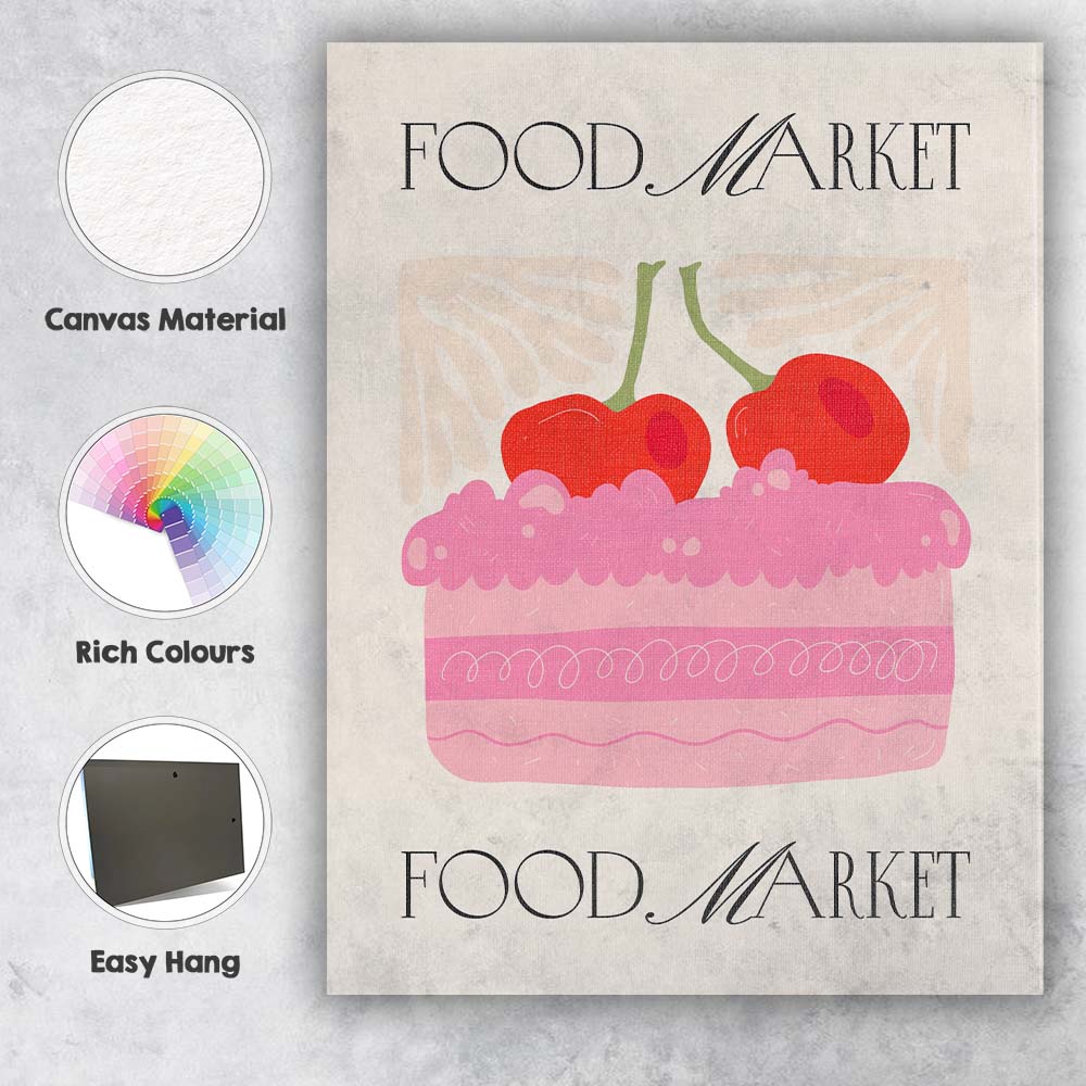 Food Market Cherry Cake Dessert Bakery Illustration Canvas Wall Art Print Decor Picture Ready to Hang