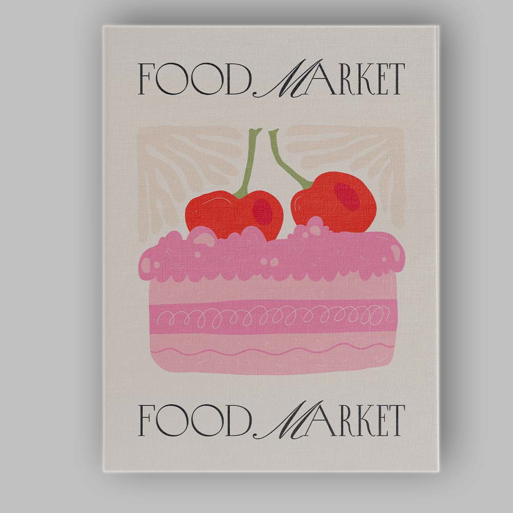 Food Market Cherry Cake Dessert Bakery Illustration Canvas Wall Art Print Decor Picture Ready to Hang