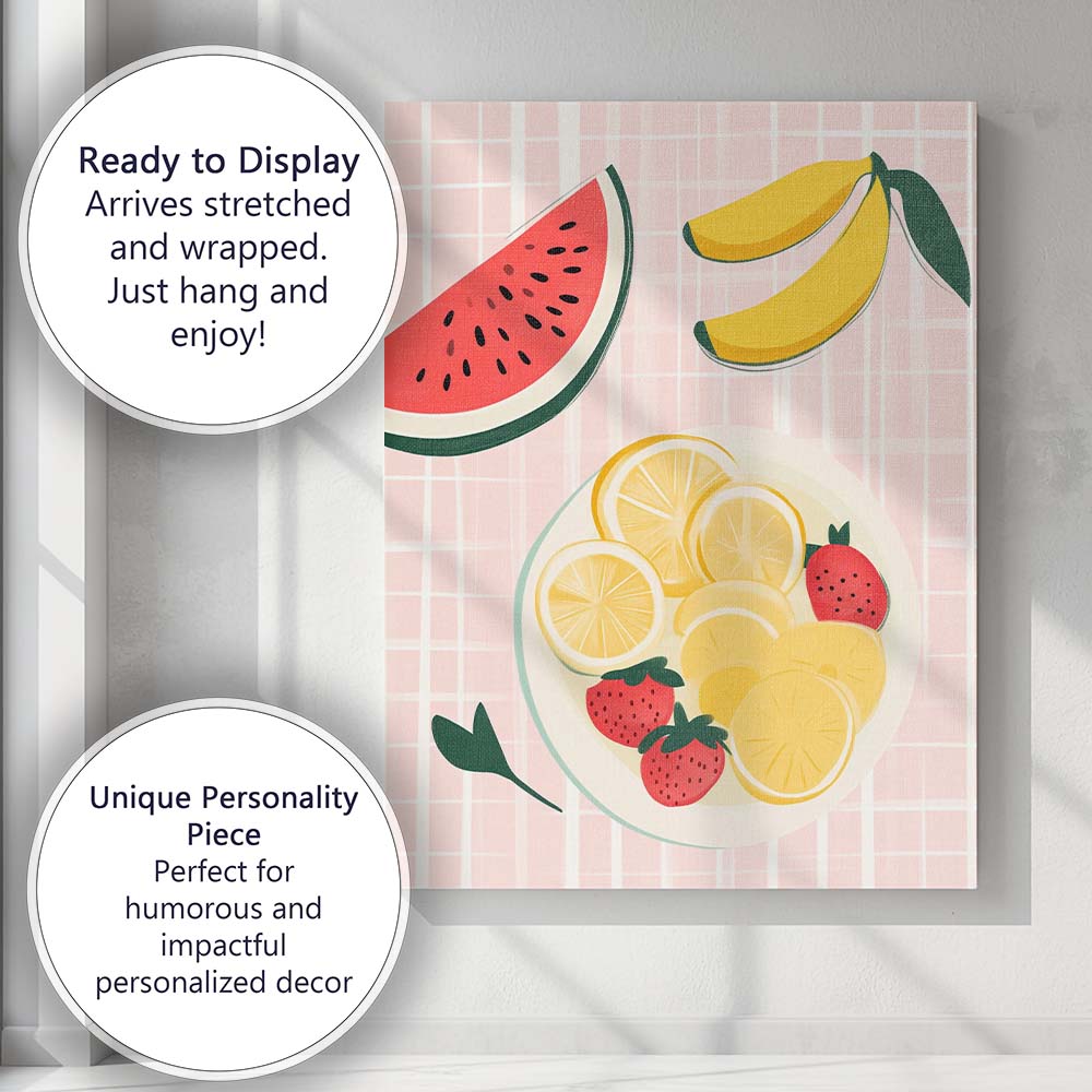 Pastel Citrus Banana Strawberry Fruit Bowl Kitchen Illustration Canvas Wall Art Print Decor Picture Ready to Hang