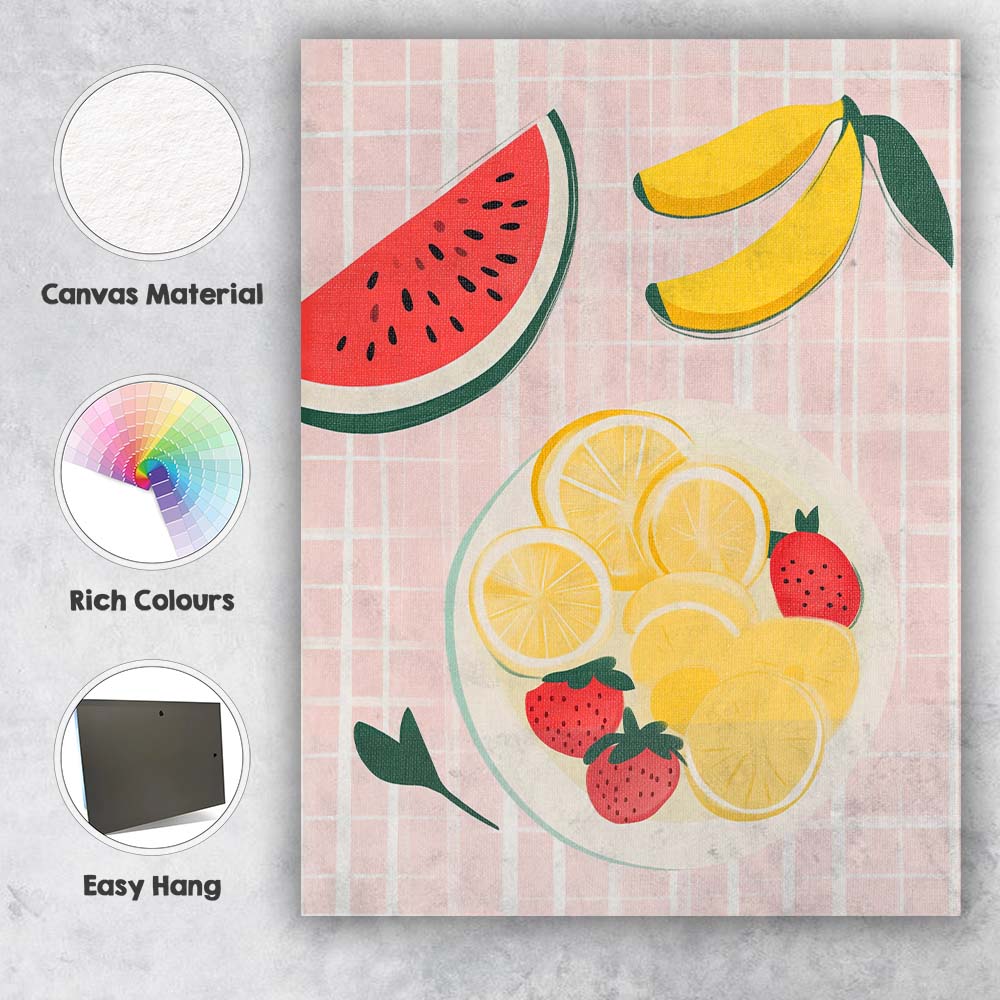 Pastel Citrus Banana Strawberry Fruit Bowl Kitchen Illustration Canvas Wall Art Print Decor Picture Ready to Hang
