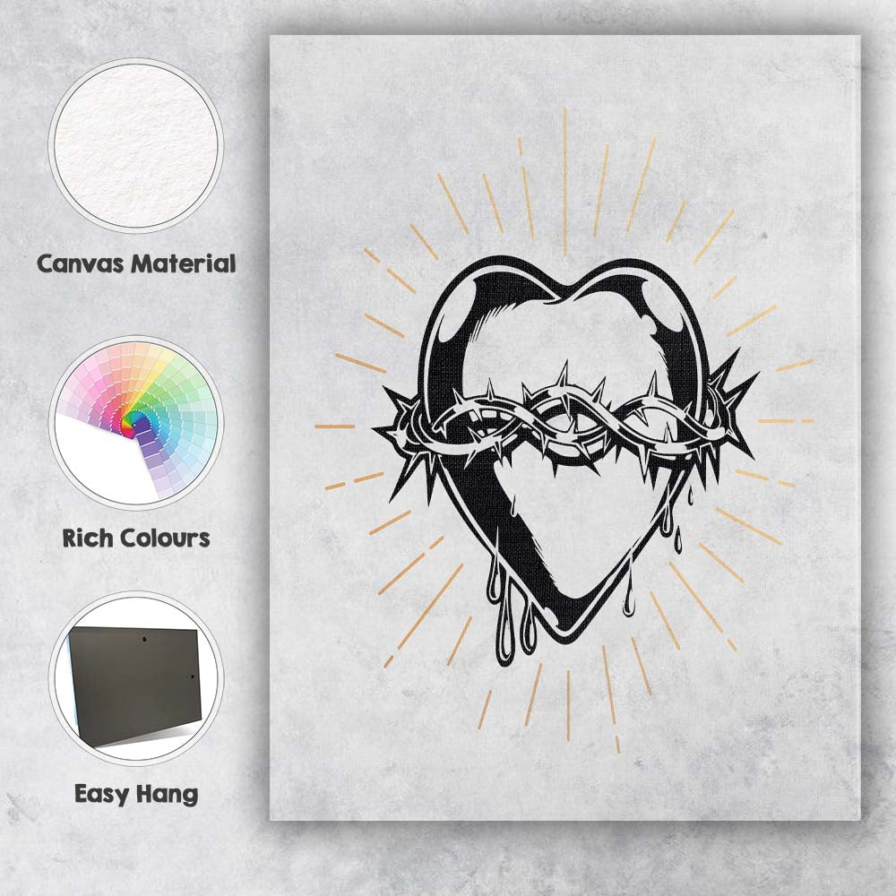 Sacred Heart With Crown of Thorns Gothic Line Art Canvas Wall Art Print Decor Picture Ready to Hang