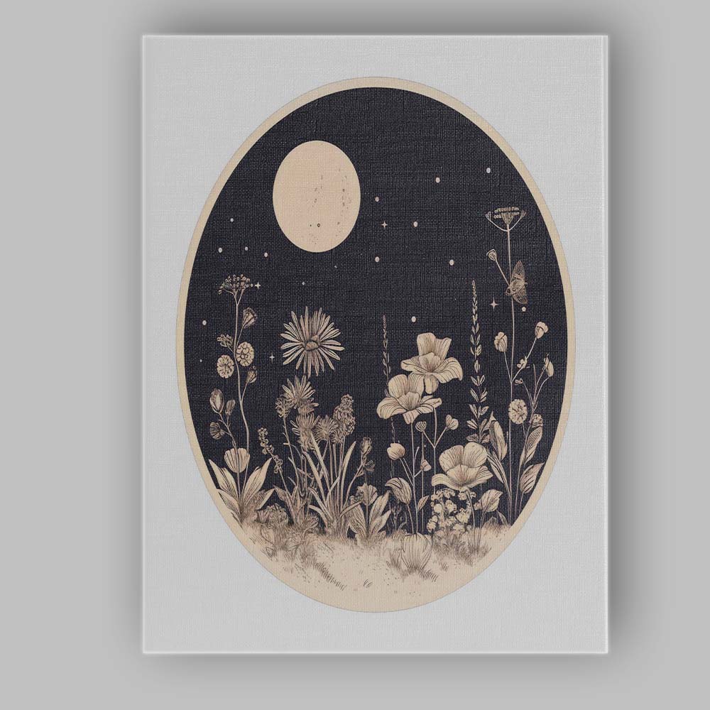 Moonlit Wildflower Meadow Botanical Night Circle Illustration Canvas Wall Art Print Decor Picture Ready to Hang
