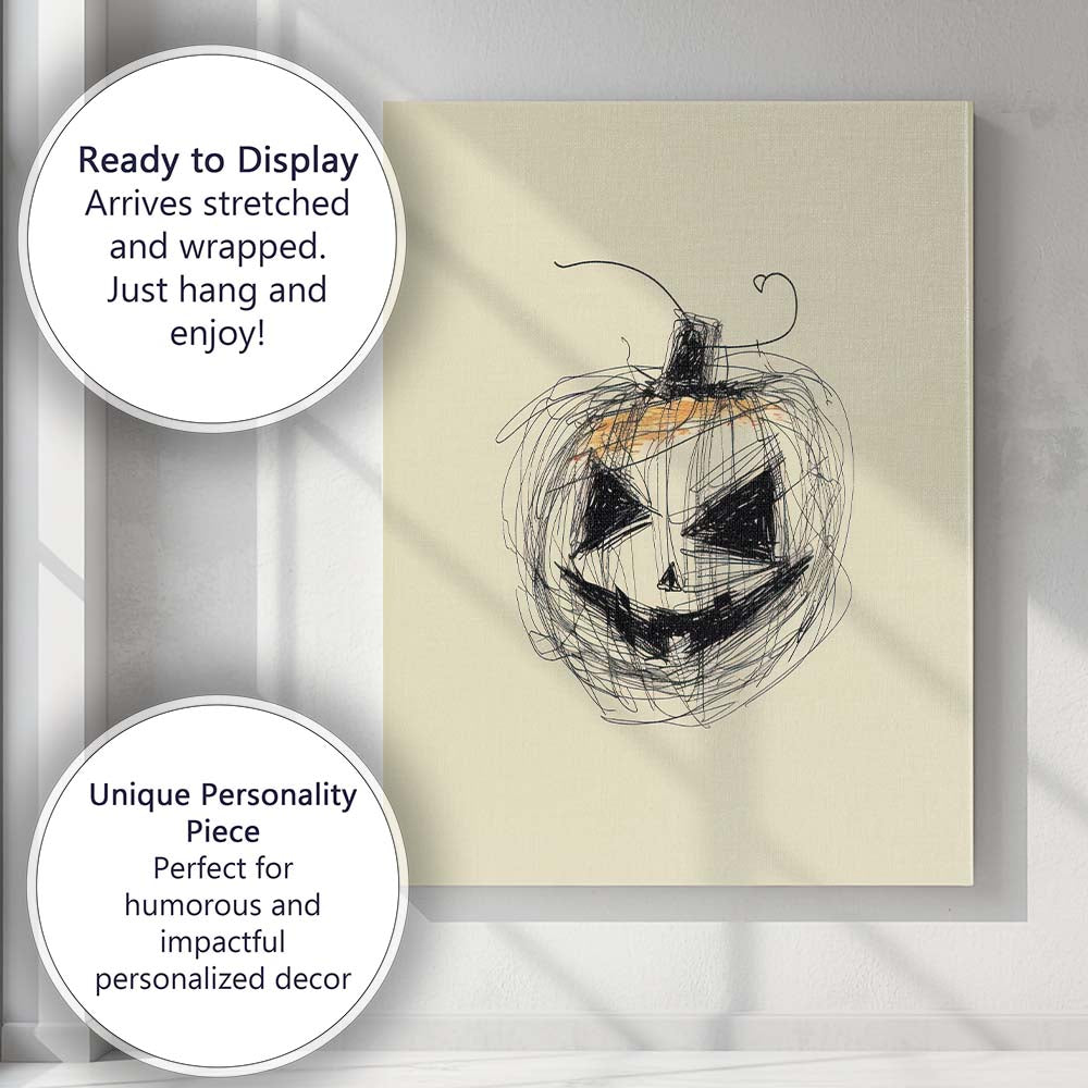 Spooky Sketch Style Jack O Lantern Halloween Pumpkin Canvas Wall Art Print Decor Picture Ready to Hang