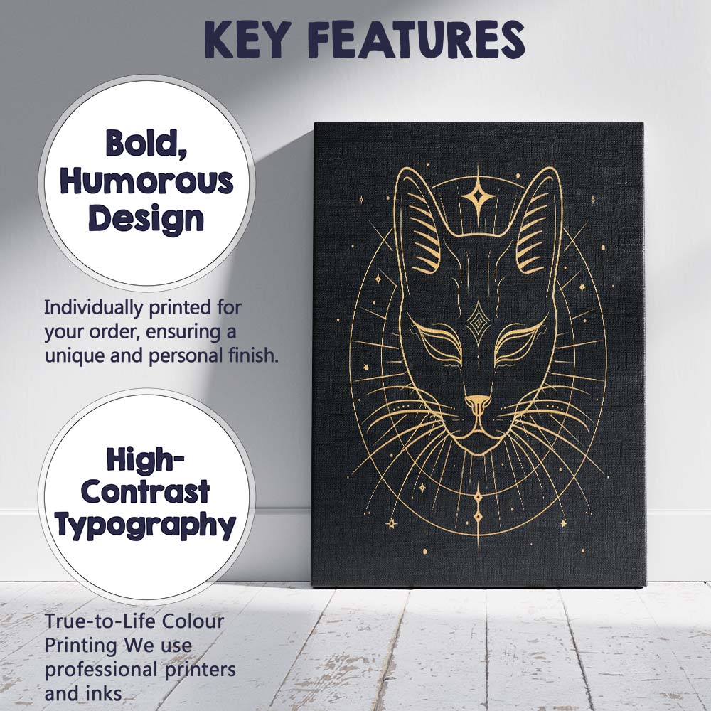 Sacred Black Cat Celestial Gold Line Art Canvas Wall Art Print Decor Picture Ready to Hang