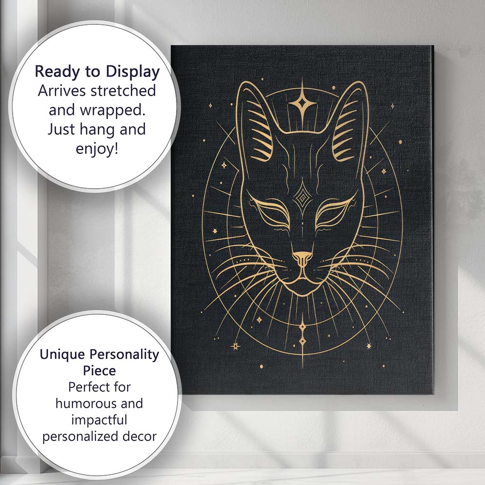 Sacred Black Cat Celestial Gold Line Art Canvas Wall Art Print Decor Picture Ready to Hang
