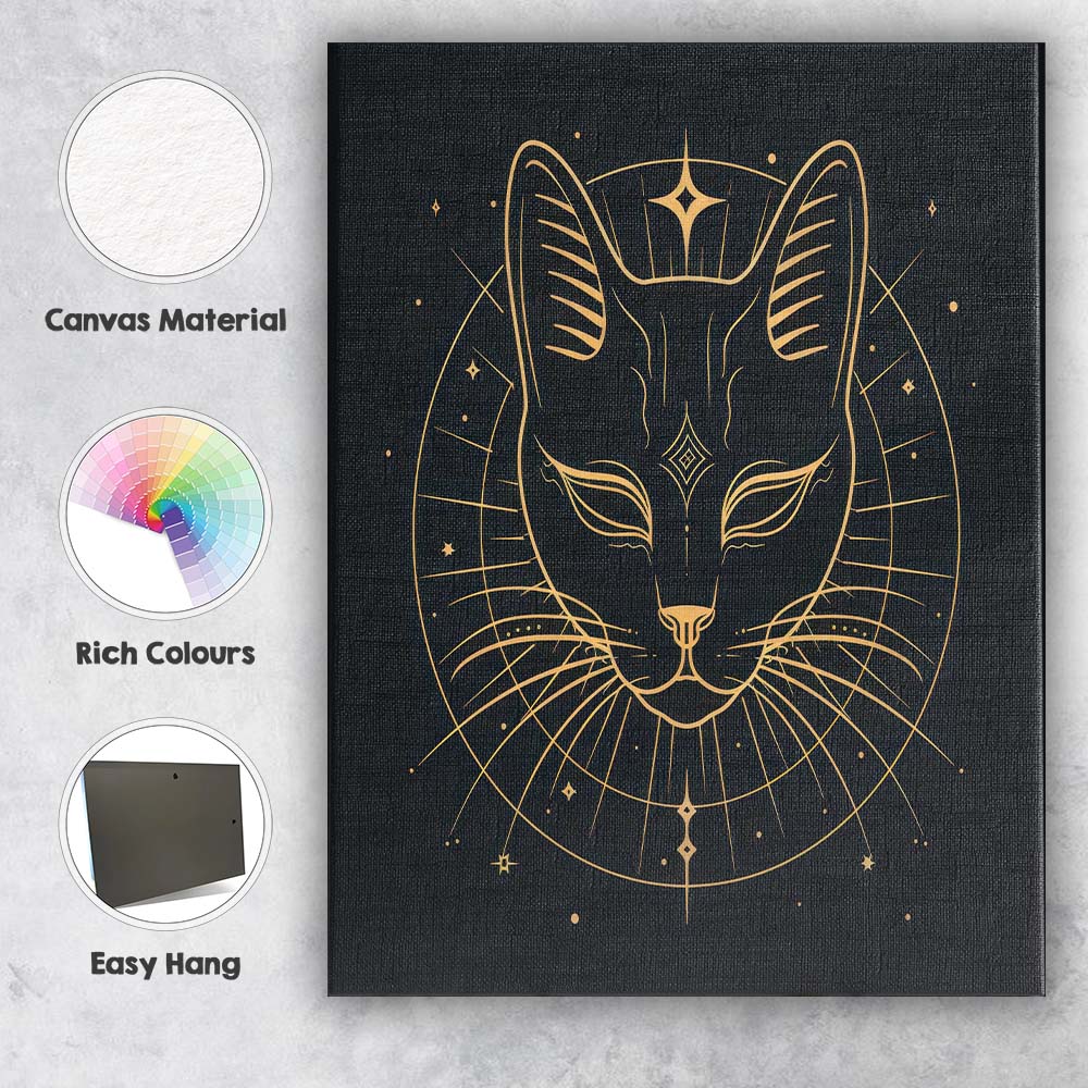 Sacred Black Cat Celestial Gold Line Art Canvas Wall Art Print Decor Picture Ready to Hang