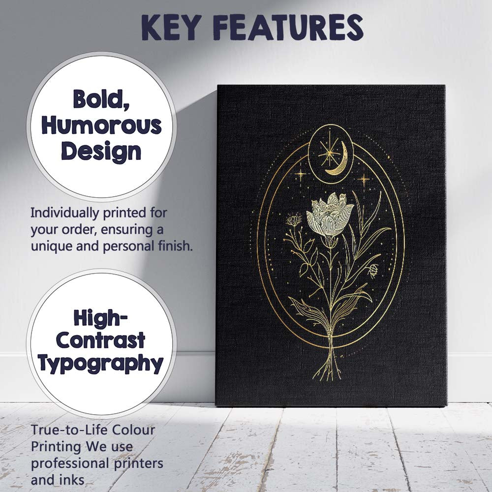 Celestial Moon Botanical Flower Gold Line Art Canvas Wall Art Print Decor Picture Ready to Hang