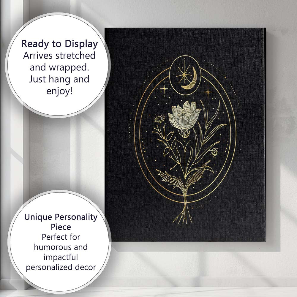 Celestial Moon Botanical Flower Gold Line Art Canvas Wall Art Print Decor Picture Ready to Hang