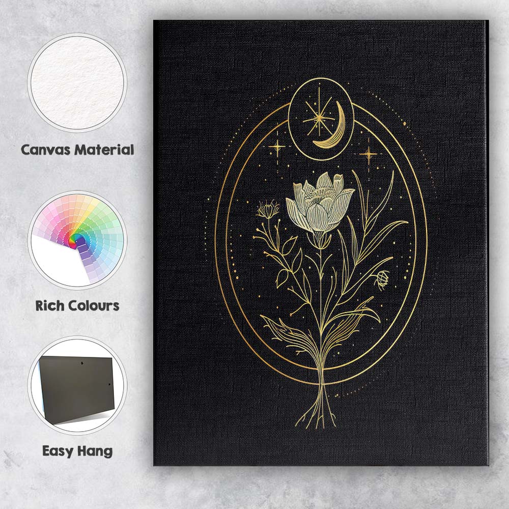 Celestial Moon Botanical Flower Gold Line Art Canvas Wall Art Print Decor Picture Ready to Hang