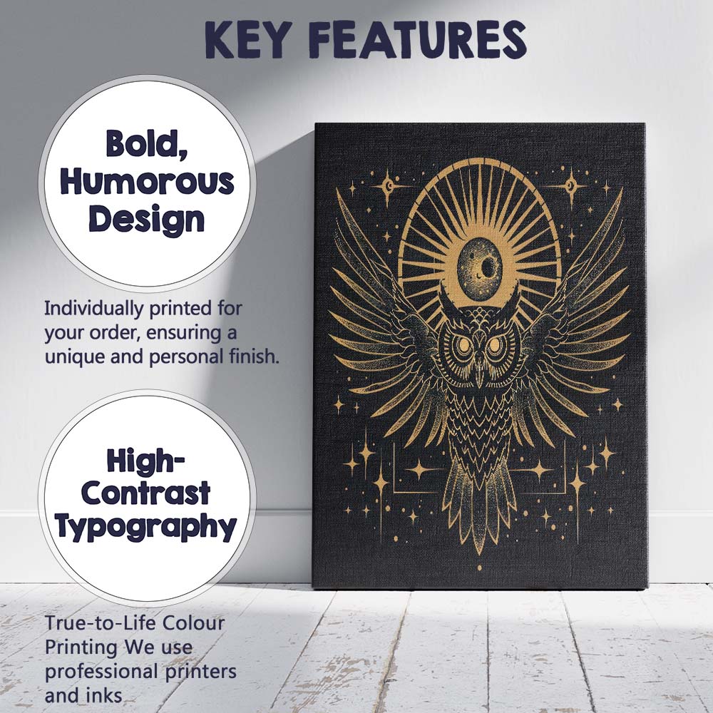 Mystic Owl Moon Celestial Gold Line Art Canvas Wall Art Print Decor Picture Ready to Hang