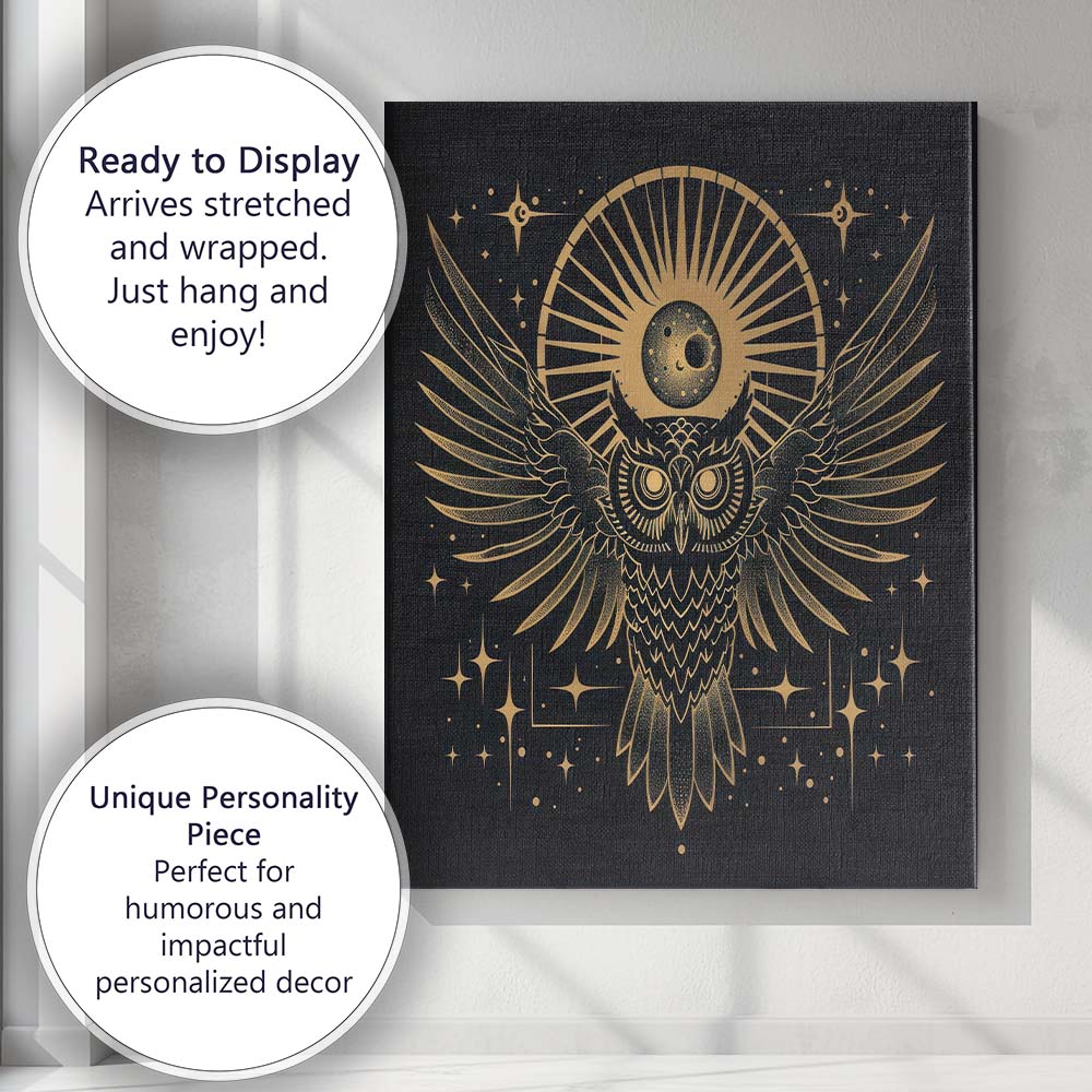 Mystic Owl Moon Celestial Gold Line Art Canvas Wall Art Print Decor Picture Ready to Hang