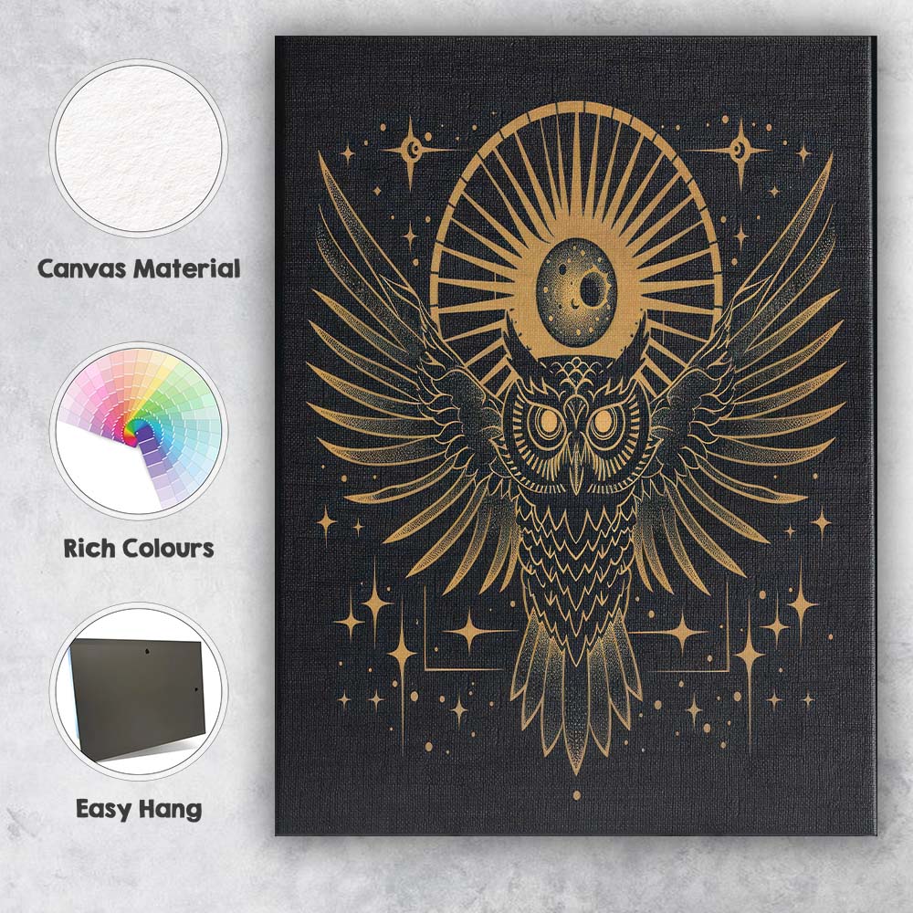 Mystic Owl Moon Celestial Gold Line Art Canvas Wall Art Print Decor Picture Ready to Hang