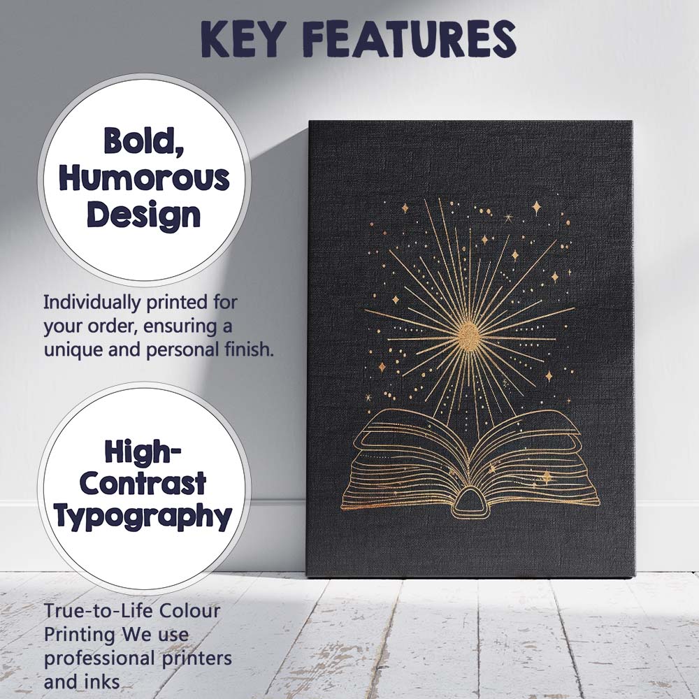 Magical Open Book Celestial Knowledge Gold Line Art Canvas Wall Art Print Decor Picture Ready to Hang