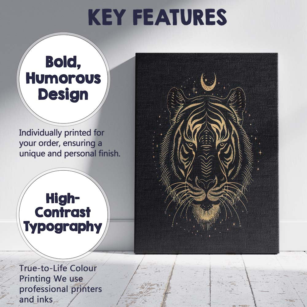 Mystical Tiger Head Crescent Moon Gold Line Art Canvas Wall Art Print Decor Picture Ready to Hang