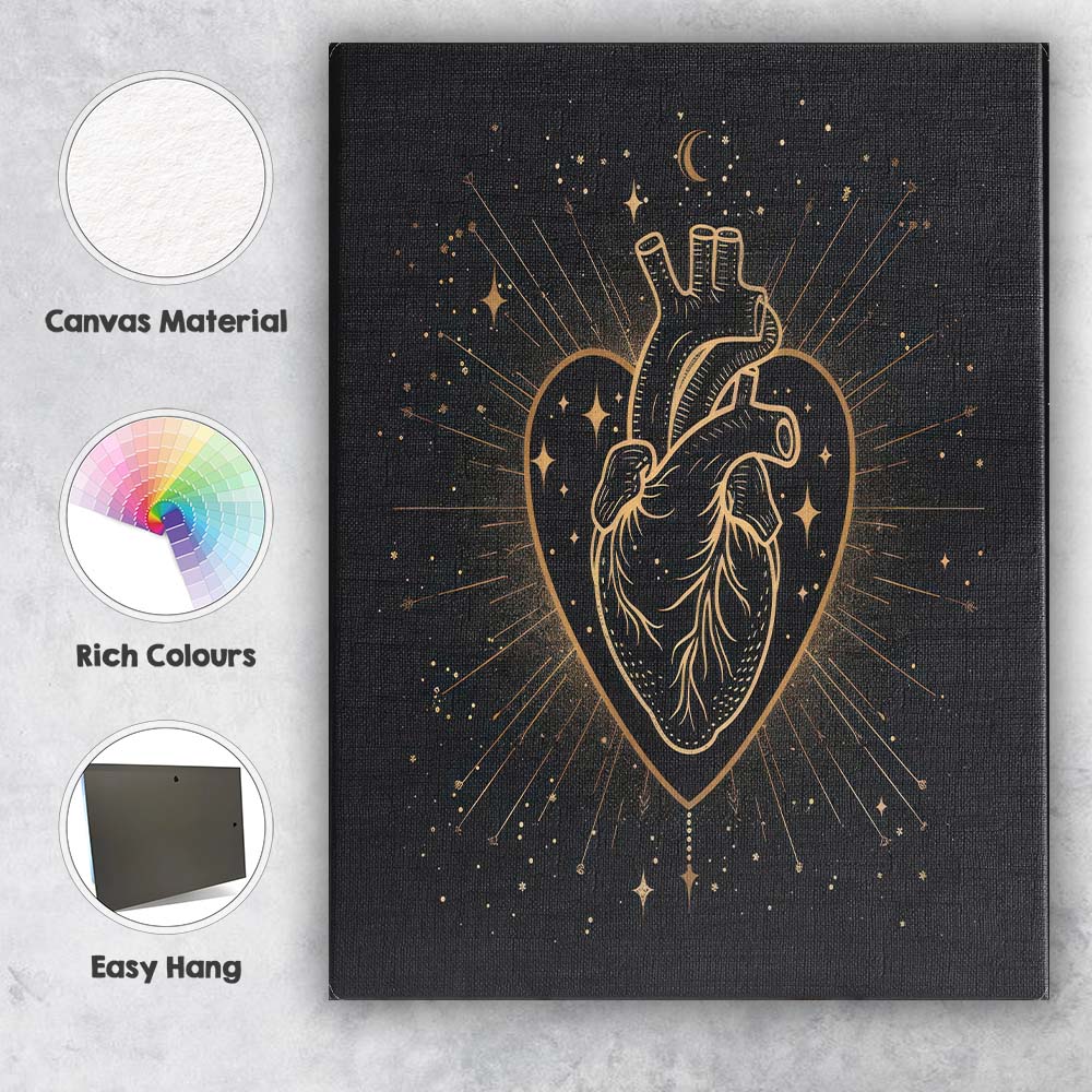 Anatomical Human Heart Sacred Geometry Gold Line Art Canvas Wall Art Print Decor Picture Ready to Hang