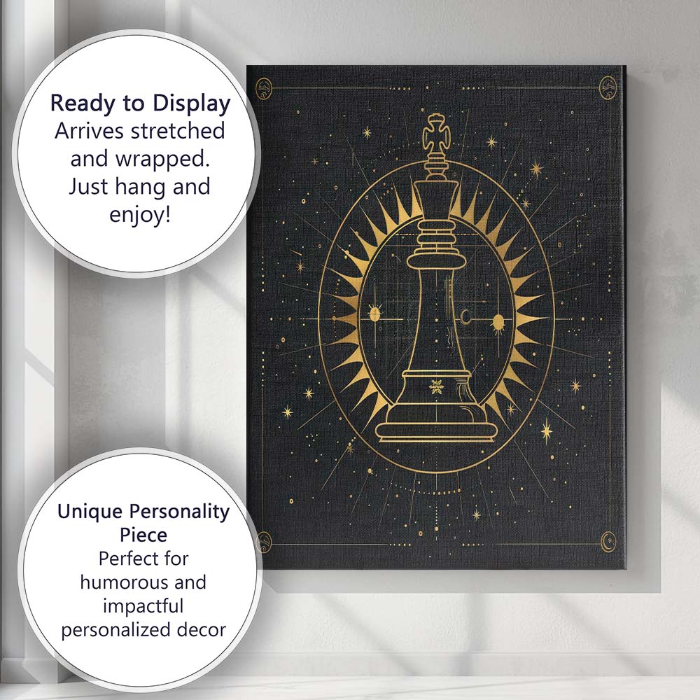 Royal Chess King Sacred Geometry Gold Line Art Canvas Wall Art Print Decor Picture Ready to Hang
