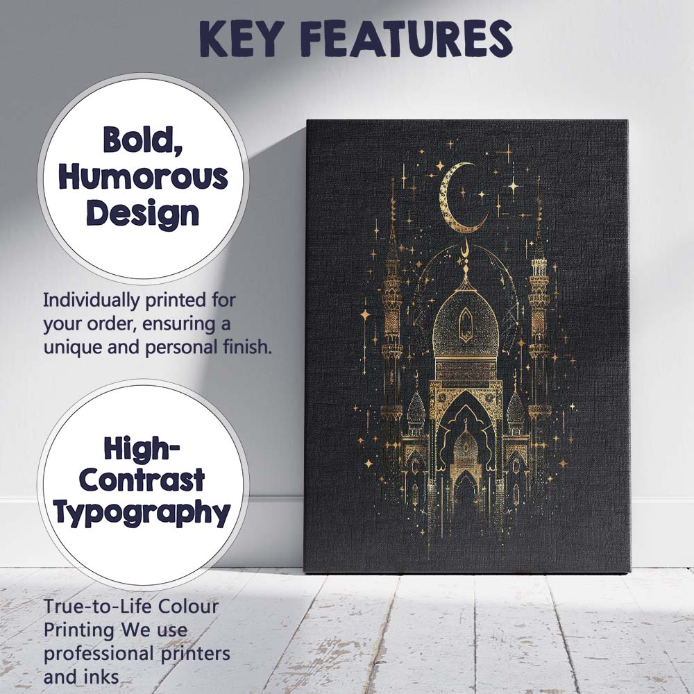 Islamic Mosque Crescent Moon Gold Line Art Canvas Wall Art Print Decor Picture Ready to Hang