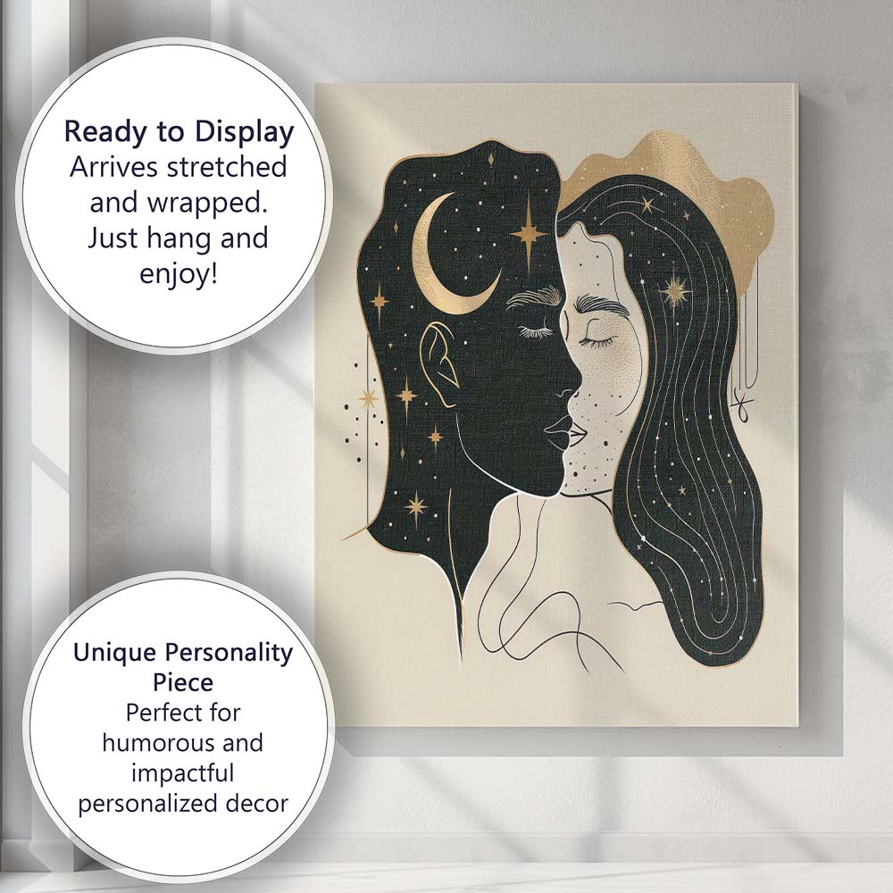 Celestial Sun Moon Dual Face Minimalist Line Art Canvas Wall Art Print Decor Picture Ready to Hang