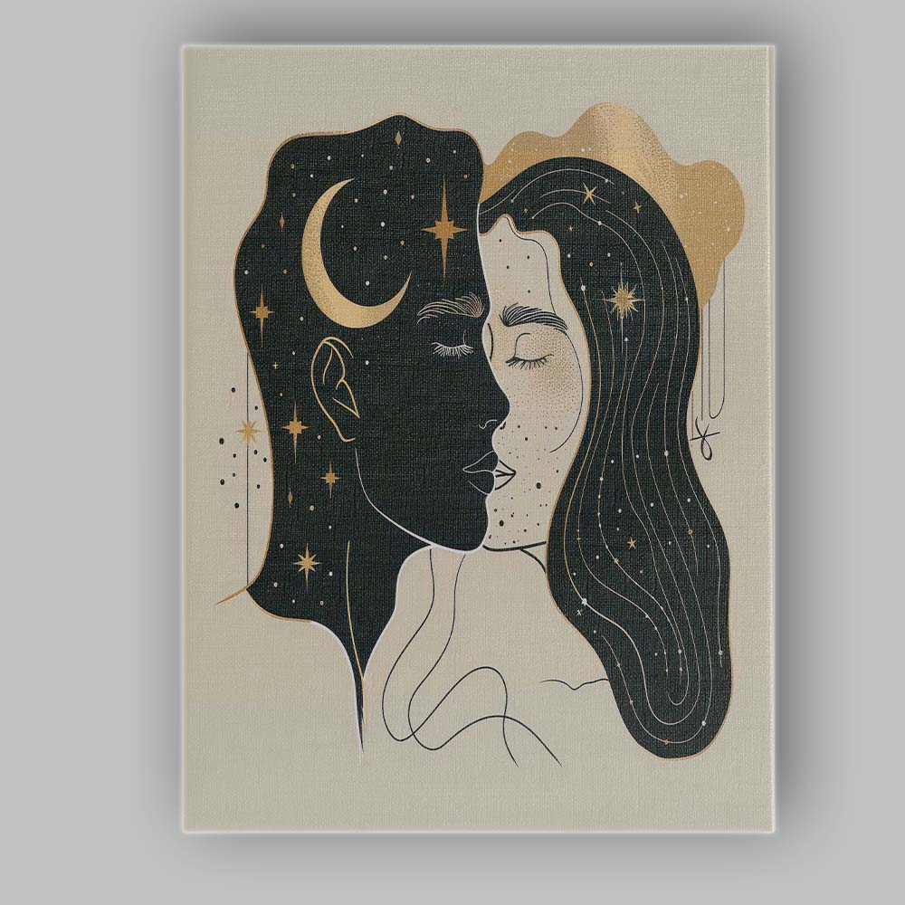 Celestial Sun Moon Dual Face Minimalist Line Art Canvas Wall Art Print Decor Picture Ready to Hang