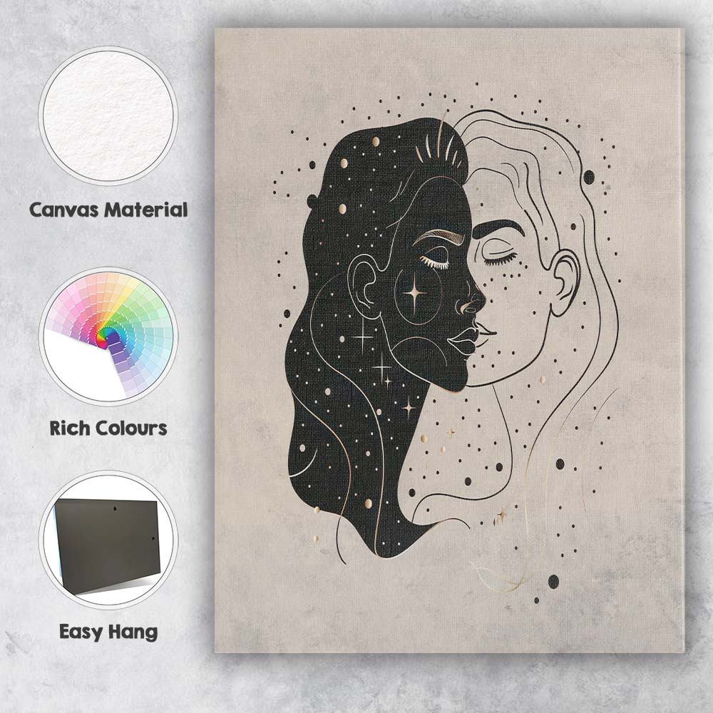 Abstract Cosmic Dual Face Portrait Line Art Canvas Wall Art Print Decor Picture Ready to Hang