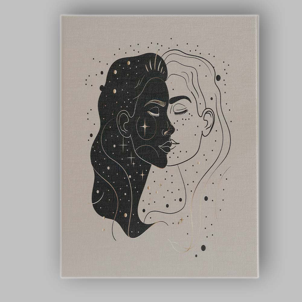 Abstract Cosmic Dual Face Portrait Line Art Canvas Wall Art Print Decor Picture Ready to Hang