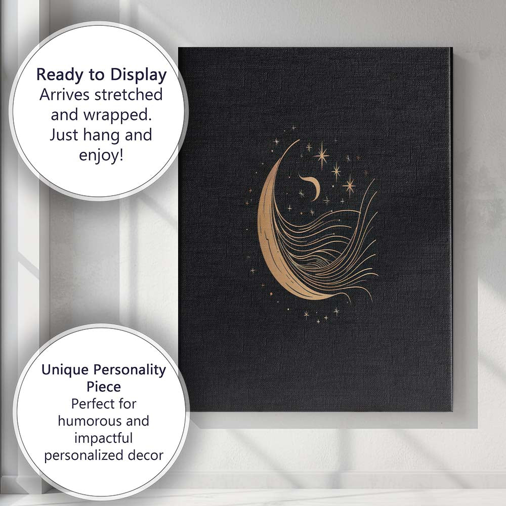 Celestial Crescent Moon Flowing Waves Gold Line Art Canvas Wall Art Print Decor Picture Ready to Hang