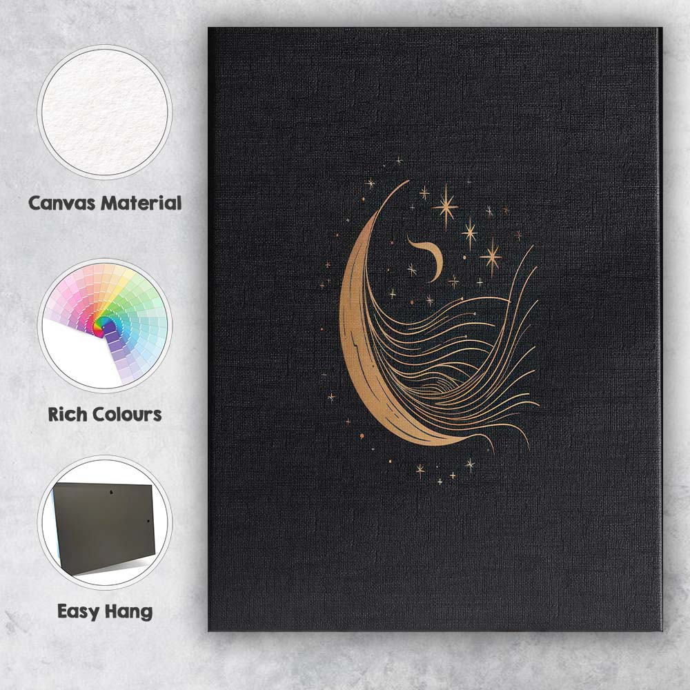 Celestial Crescent Moon Flowing Waves Gold Line Art Canvas Wall Art Print Decor Picture Ready to Hang