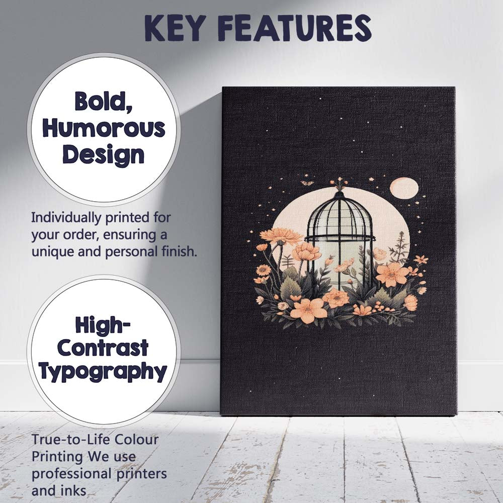 Moonlit Floral Birdcage Botanical Illustration Canvas Wall Art Print Decor Picture Ready to Hang