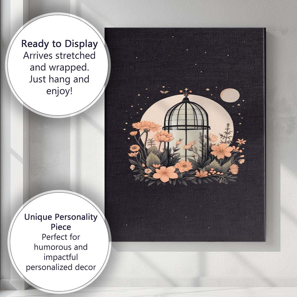Moonlit Floral Birdcage Botanical Illustration Canvas Wall Art Print Decor Picture Ready to Hang
