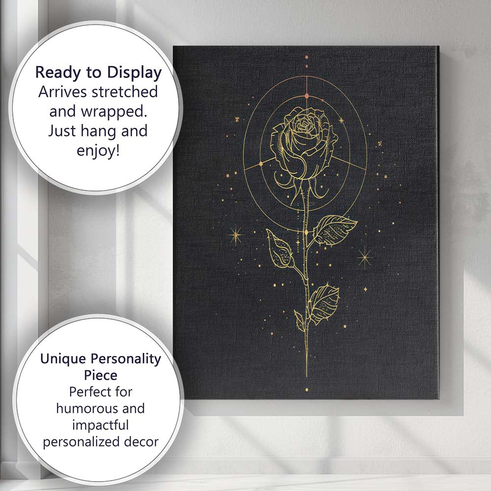 Mystical Gold Rose Botanical Line Art Canvas Wall Art Print Decor Picture Ready to Hang