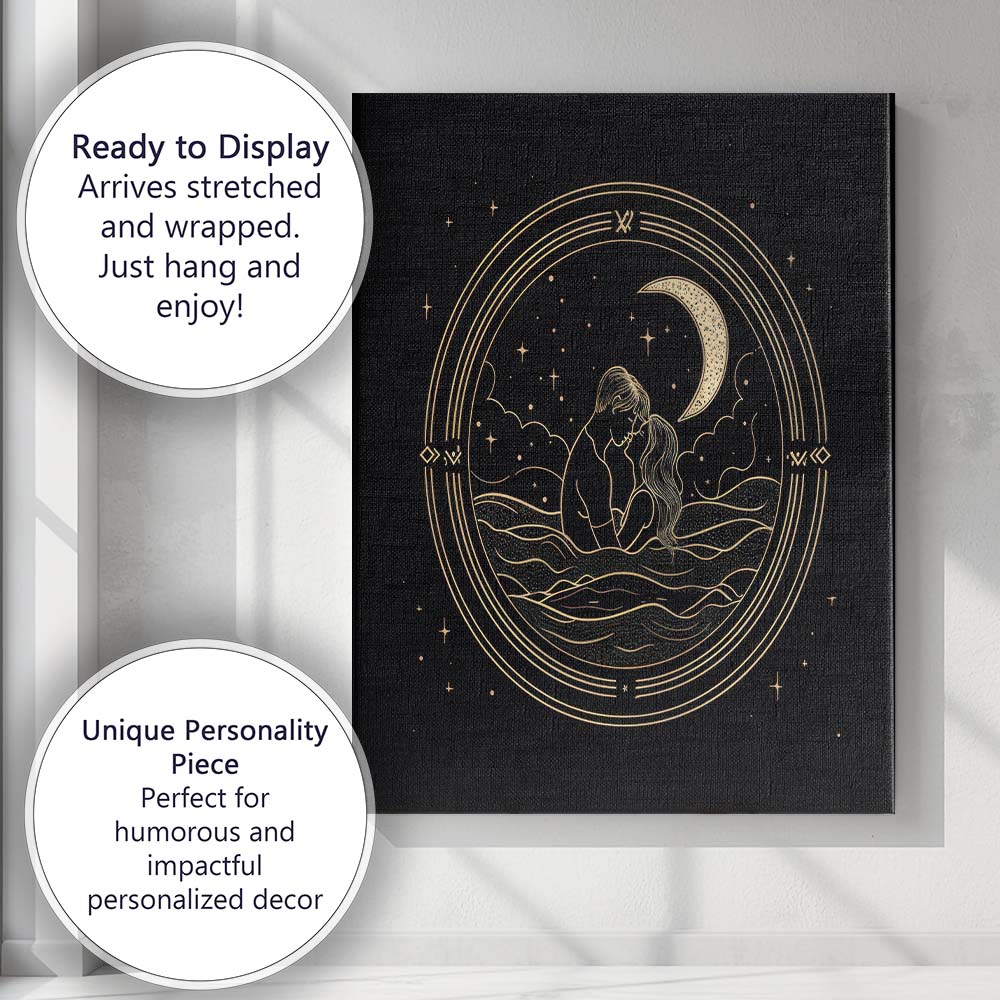 Romantic Couple Embrace Moonlit Night Line Art Canvas Wall Art Print Decor Picture Ready to Hang