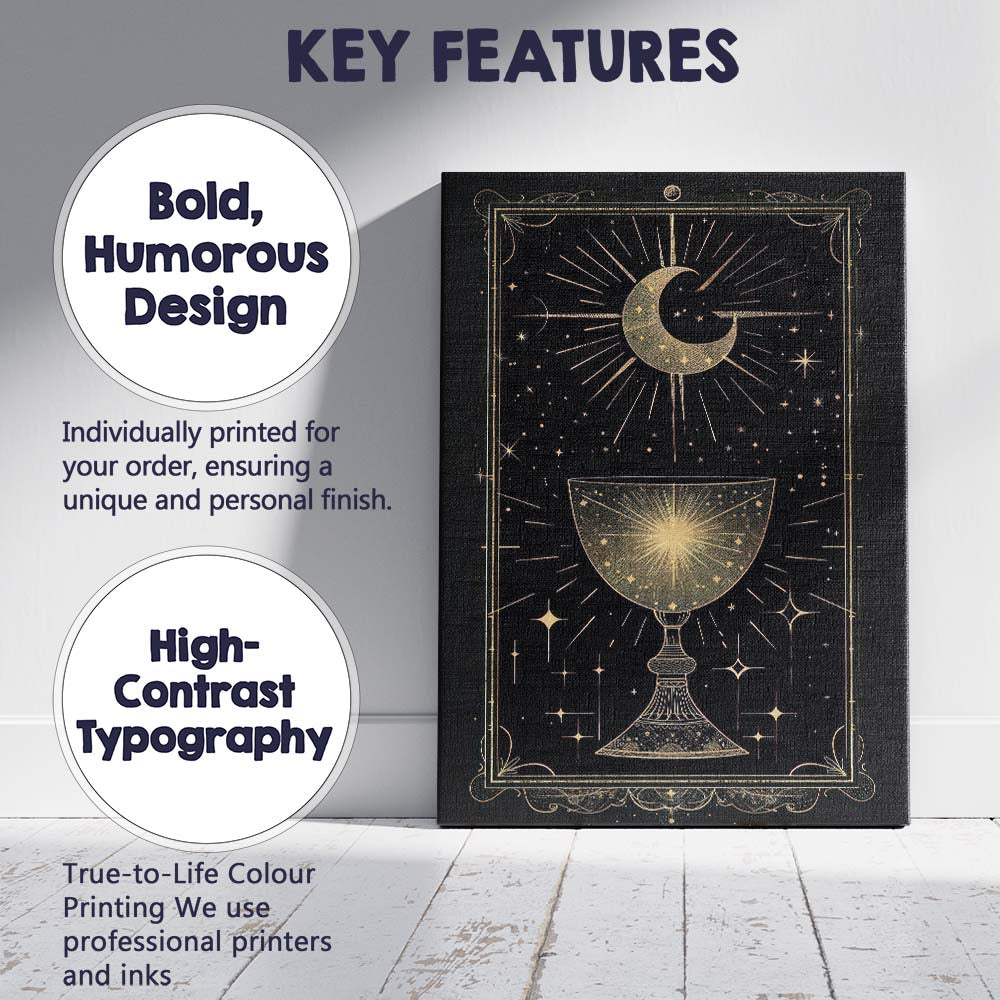 Mystical Crescent Moon Celestial Chalice Gold Line Art Canvas Wall Art Print Decor Picture Ready to Hang