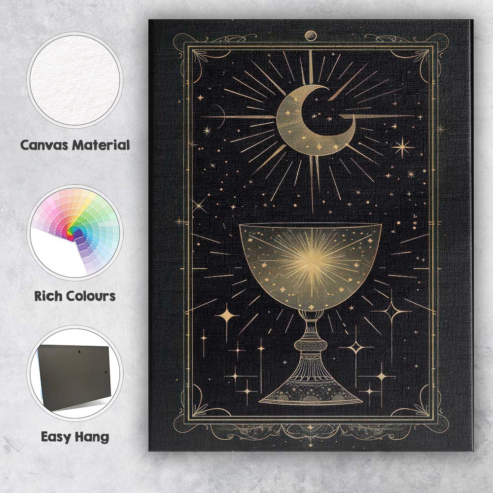 Mystical Crescent Moon Celestial Chalice Gold Line Art Canvas Wall Art Print Decor Picture Ready to Hang