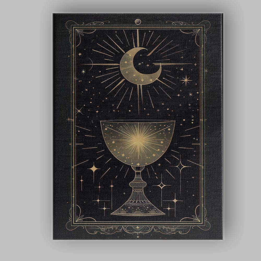 Mystical Crescent Moon Celestial Chalice Gold Line Art Canvas Wall Art Print Decor Picture Ready to Hang