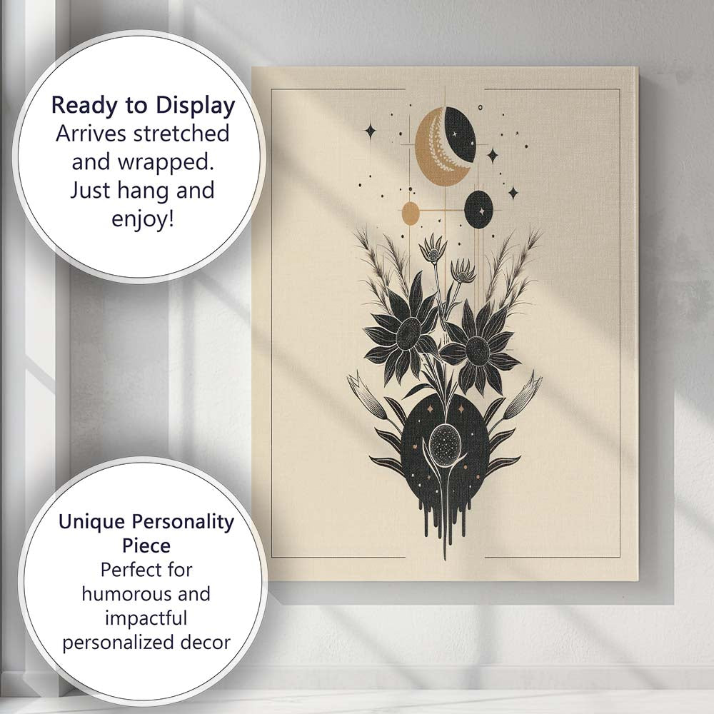 Celestial Sunflower Moon Phase Botanical Line Art Canvas Wall Art Print Decor Picture Ready to Hang