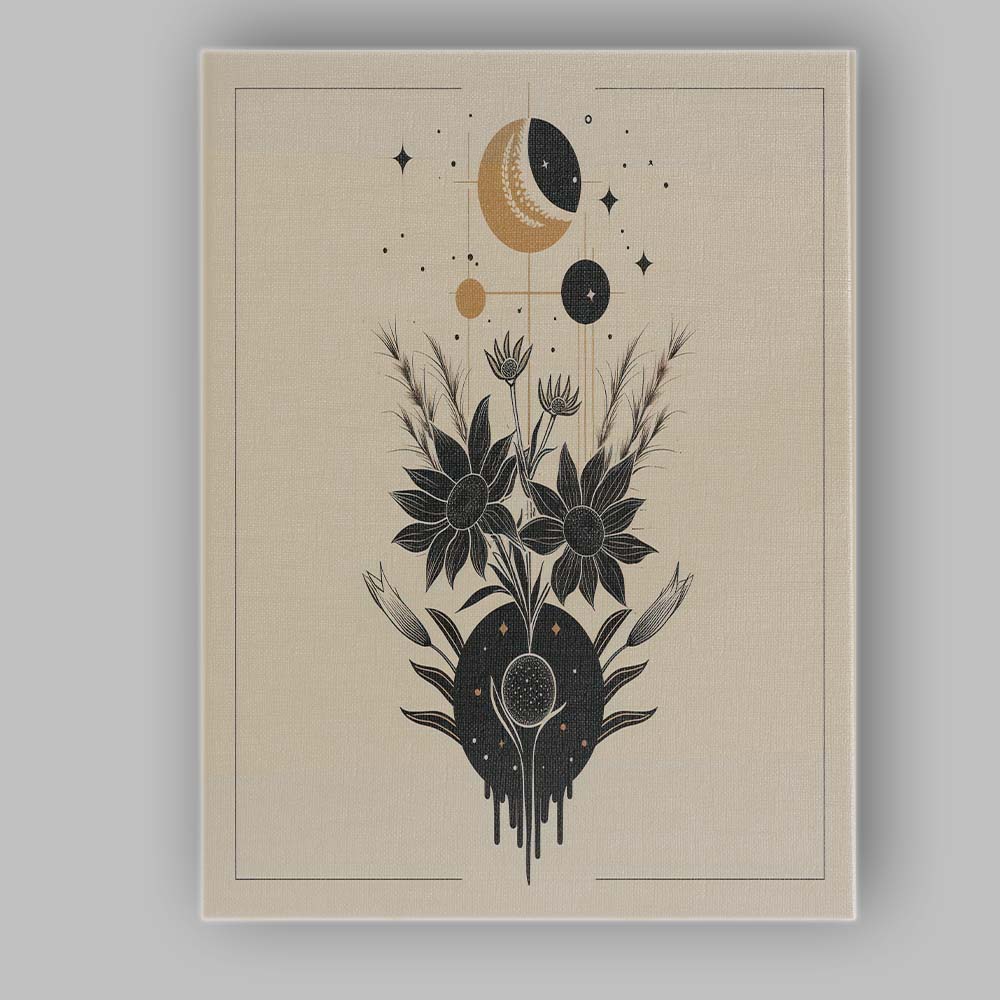 Celestial Sunflower Moon Phase Botanical Line Art Canvas Wall Art Print Decor Picture Ready to Hang